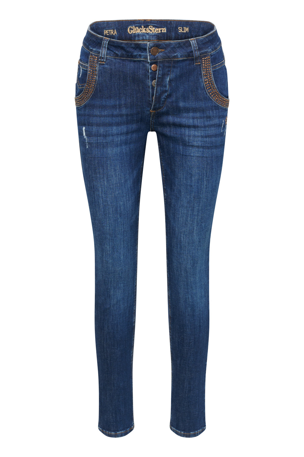 Petra – Slim Fit Jeans in Nietendonau mit niedriger Leibhöhe