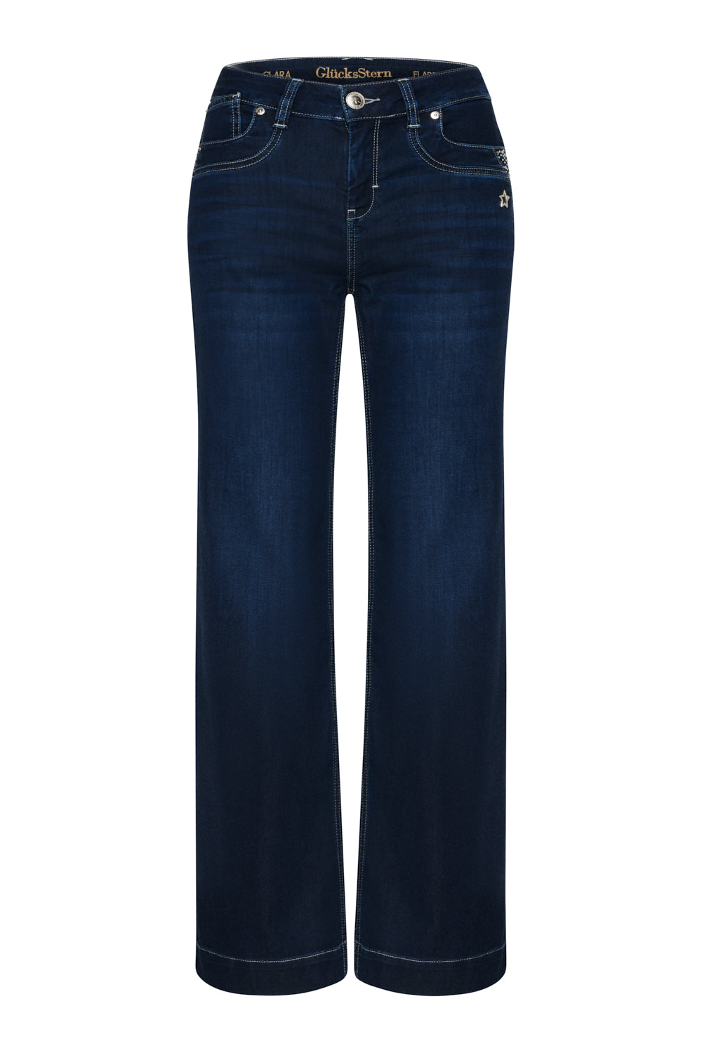 Clara – Flared Jeans in Glitzerblau mit hoher Leibhöhe