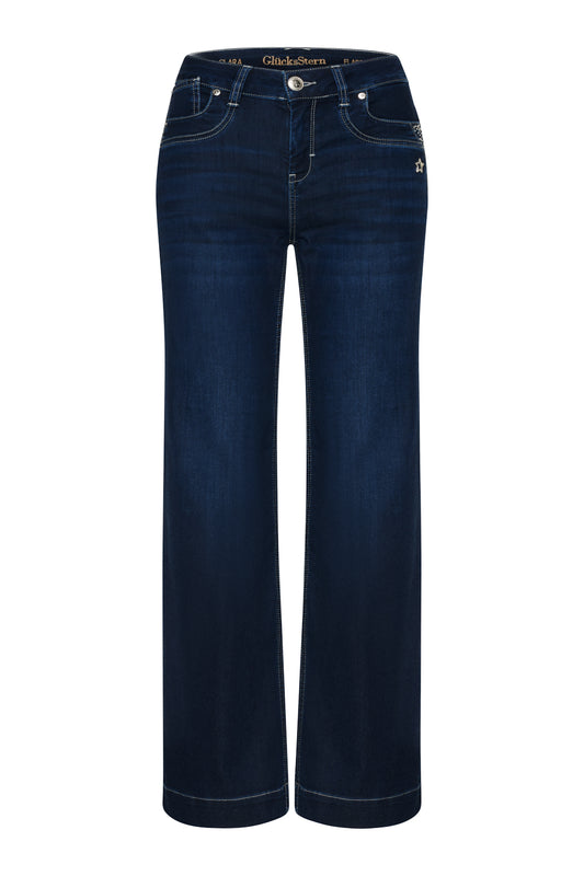 Clara – Flared Jeans in Glitzerblau mit hoher Leibhöhe