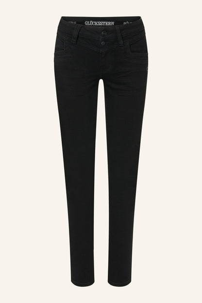 Merle Slim Fit Jeans – Mandelschwarz & Soft Denim, mittlere Leibhöhe