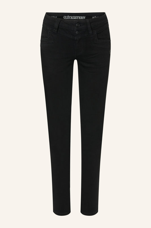 Merle Slim Fit Jeans – Mandelschwarz & Soft Denim, mittlere Leibhöhe