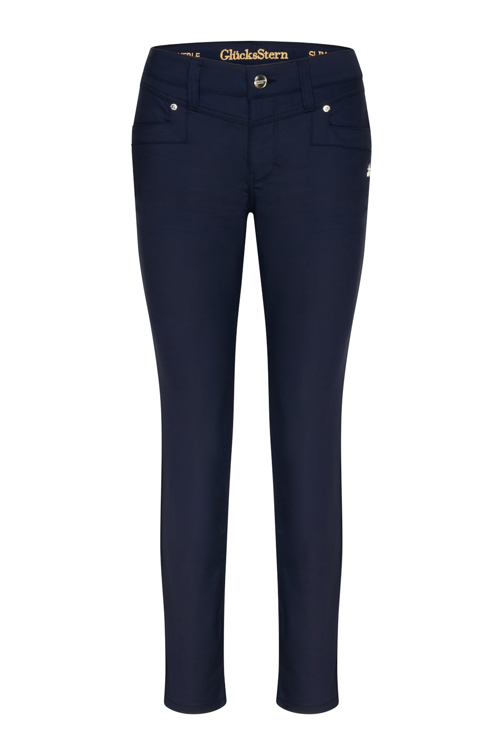 Merle Slim Fit Hose – Magdablau & Techno Stretch, mittlere Leibhöhe