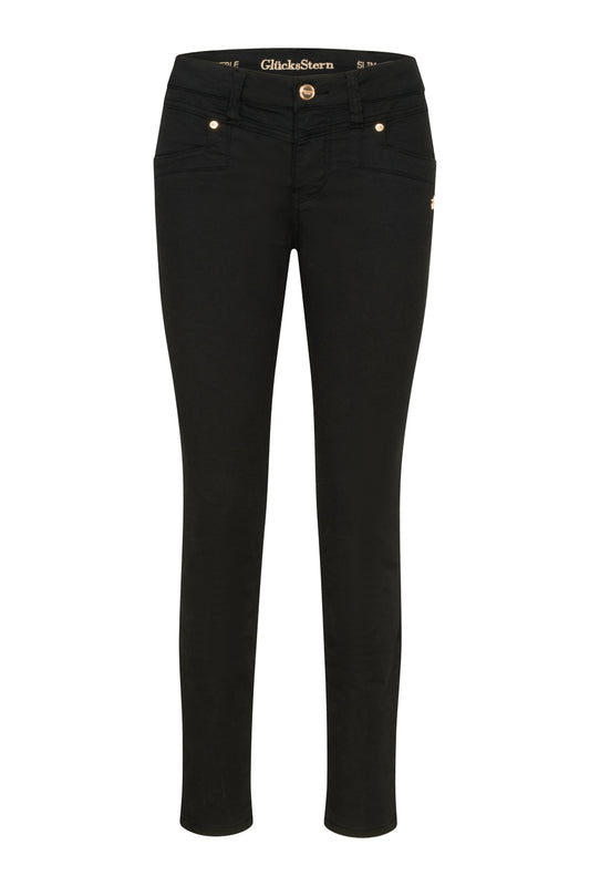 Merle Slim Fit Hose – Royalschwarz & Baumwoll-Stretch, mittlere Leibhöhe